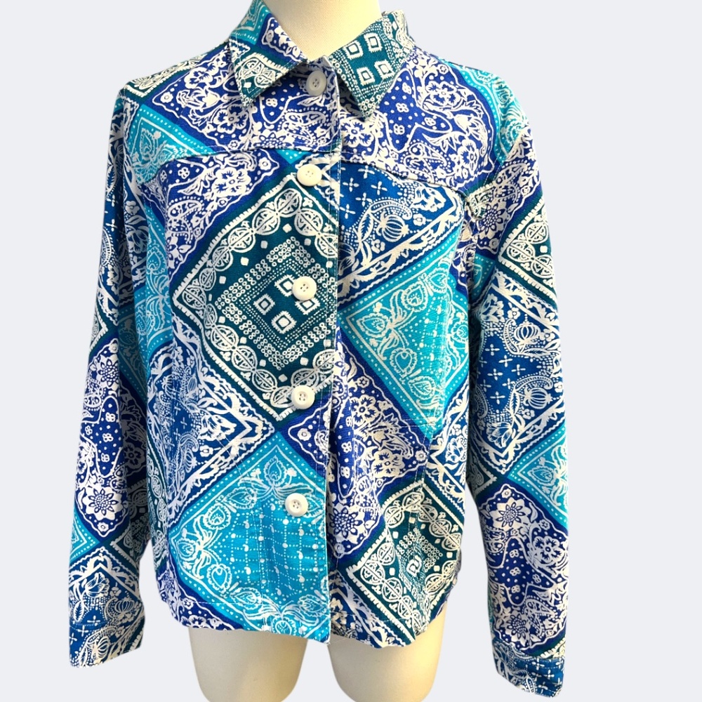 Coldwater Creek Shacket Jacket L Blue Teal Bandana Paisley‎ Button Front Cotton
